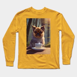 Cute Pug with a mug cup of morning coffee Long Sleeve T-Shirt